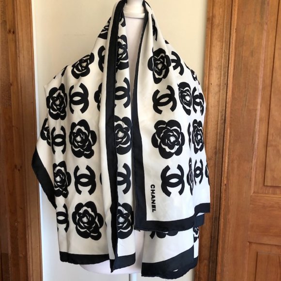 CHANEL CC Camellia Print Black White Silk Scarf Large Square - Picture 8 of 17